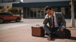 hombre con burnout cansado afuera de su oficina