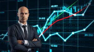 Hombre experto en finanzas con una gráfica a sus espaldas. Meme stonks