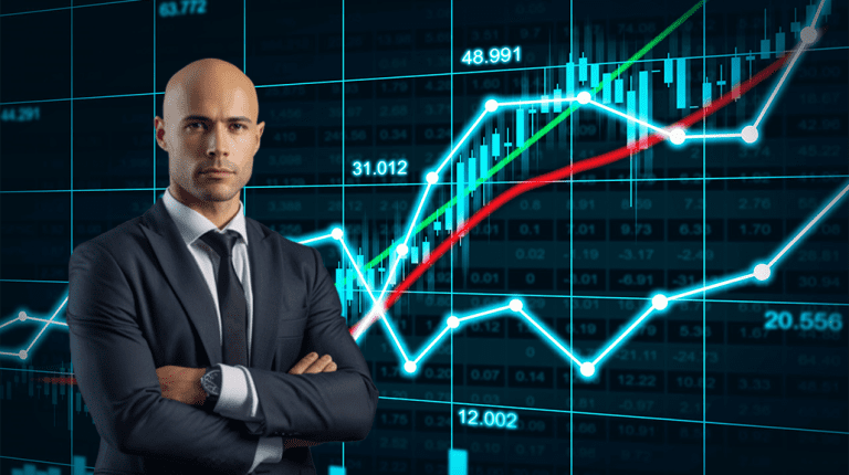 Hombre experto en finanzas con una gráfica a sus espaldas. Meme stonks