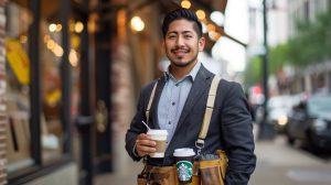Mercadólogo con café de starbucks y herramientas para marketing