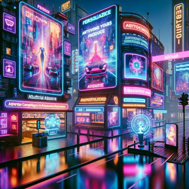 Escenario futurista de publicidad omnicanal inteligente con anuncios neón