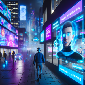 Vista de hombre caminando por calle iluminada con publicidad dinámica personalizada en una ciudad futurista