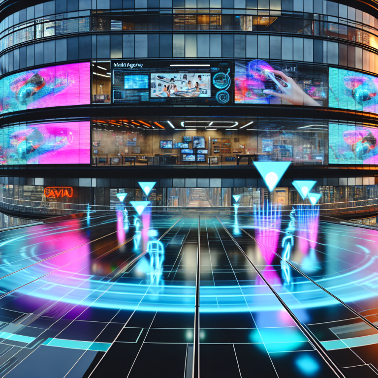 Edificio futurista mostrando pantallas de automatización publicitaria digital