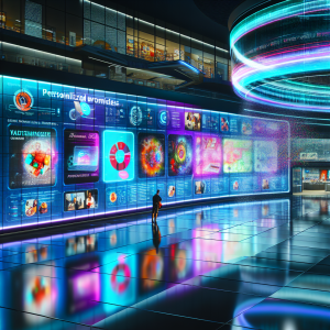 Pantalla gigante de automatización publicitaria en ambiente futurista