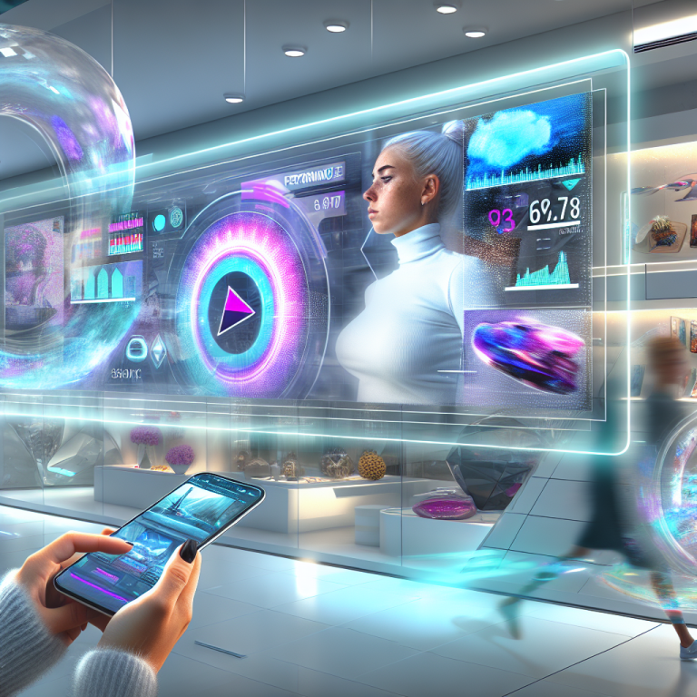 Mujer usando IA avanzada para optimizar campañas digitales en entorno futurista