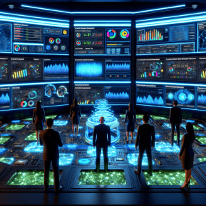 Profesionales evaluando sistemas de automatización inteligente en Google Ads en un centro de comando futurista.