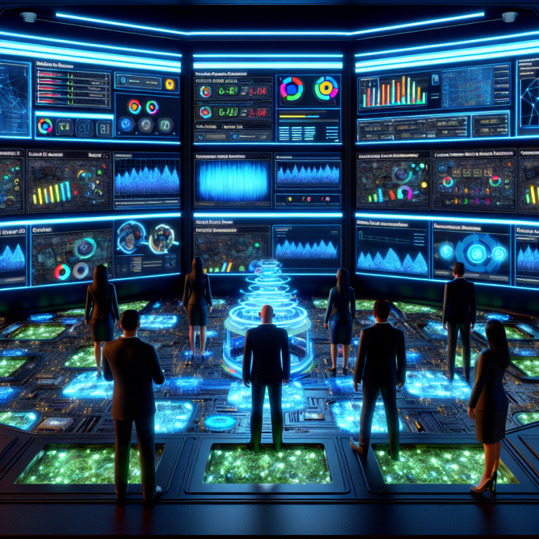 Profesionales evaluando sistemas de automatización inteligente en Google Ads en un centro de comando futurista.