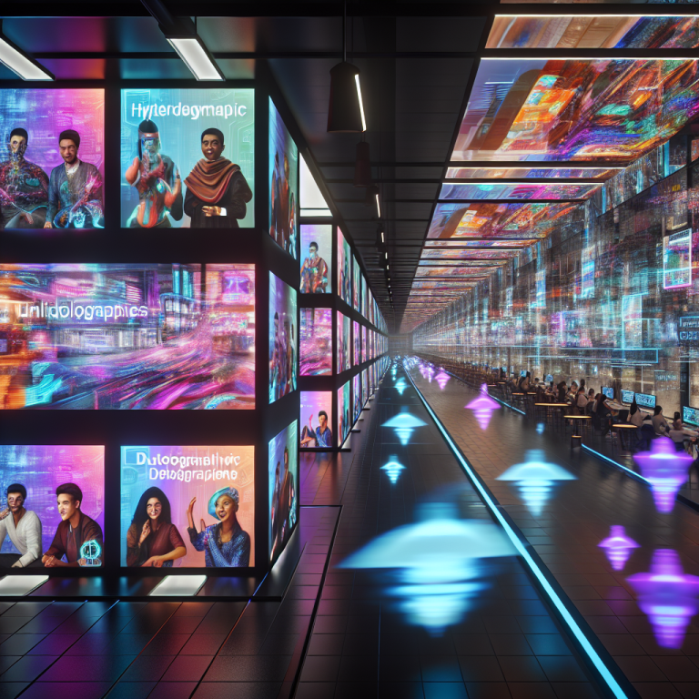 Corredor futurista con pantallas digitales mostrando publicidad, alinhado a Google Gemini en digital