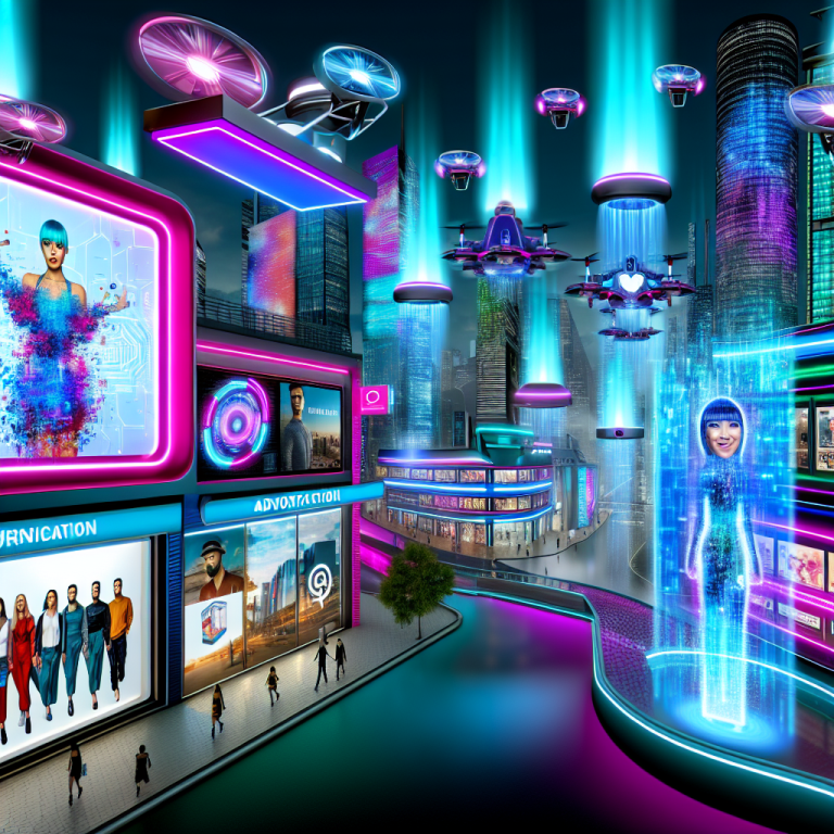 Vibrante ciudad futurista mostrando publicidad digital con anuncios inteligentes y drones