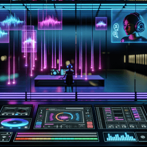 Tecnología avanzada de anuncios generativos de Spotify en estudio futurista con iluminación LED y visualización de ondas sonoras