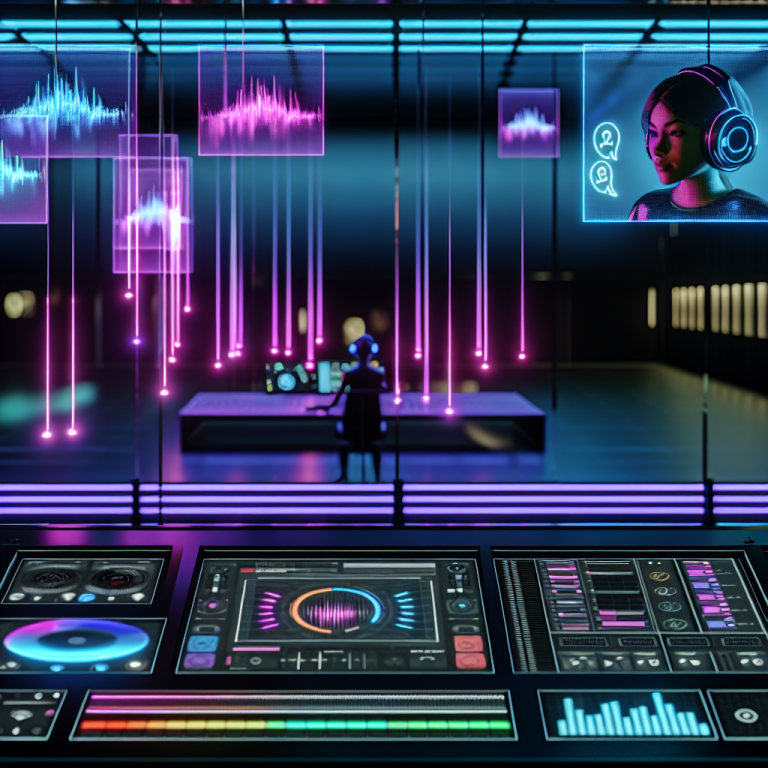 Tecnología avanzada de anuncios generativos de Spotify en estudio futurista con iluminación LED y visualización de ondas sonoras