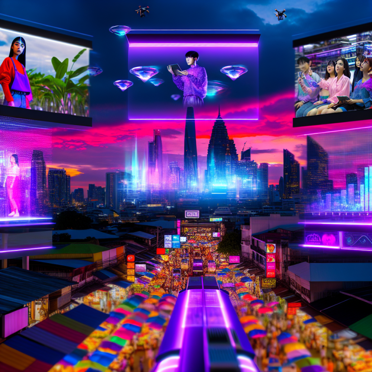 IA en marketing transforma estrategias en ciudad futurista con hologramas y drones