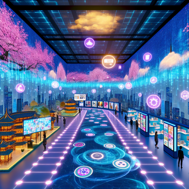Exposición digital futurista mostrando la integración de la IA en marketing digital