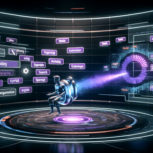 Profesional usando herramientas de SEO inteligente para campañas digitales en entorno de data futurista