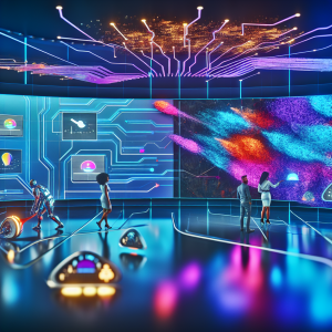 Smart Targeting en sala futurista con personas analizando datos interactivos