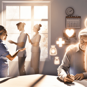 Anciano reflexiona sobre decisiones médicas anticipadas en consulta con enfermeras al fondo