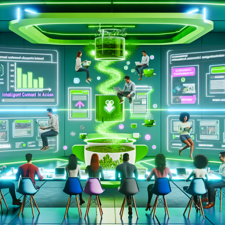 Equipo diverso en entorno digital futurista trabajando en contenido para e-commerce tras adquisición de Matcha por Springbot