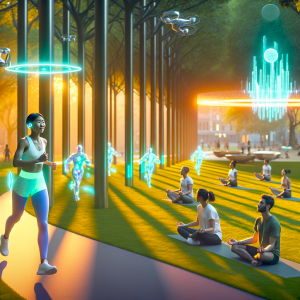 Personas mejorando la salud mental con ejercicio en un parque futurista