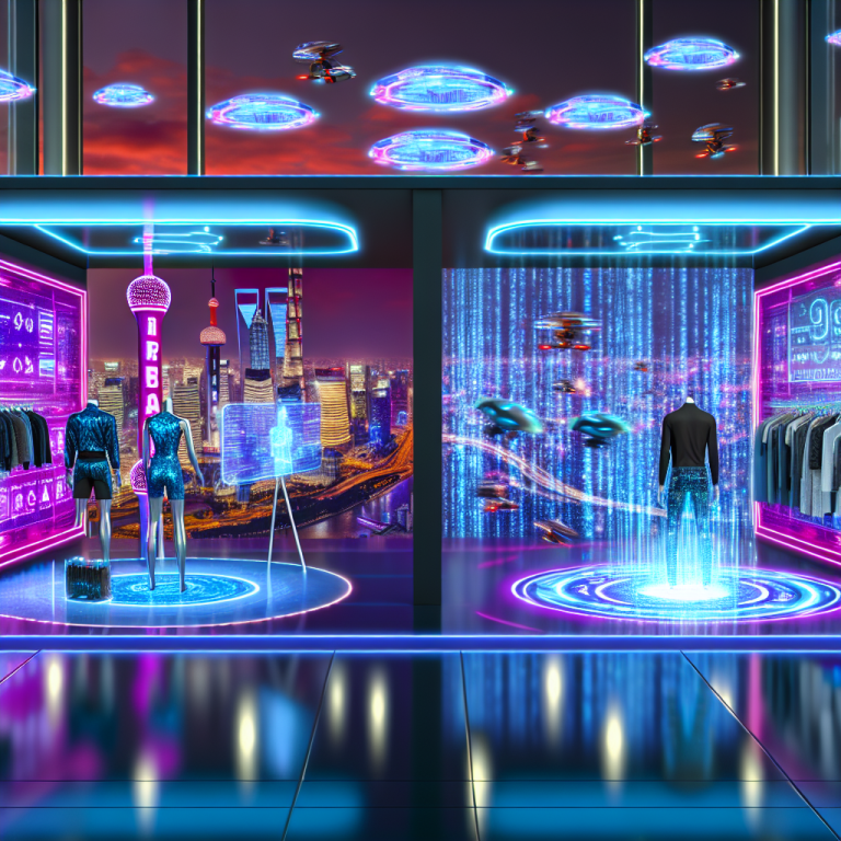 Tienda futurista con moda avanzada y drones, optimiza estrategias digitales en metrópolis iluminada