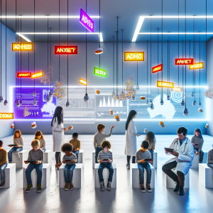 Niños y adultos en clínica con diagnósticos psiquiátricos infantiles como ADHD y ansiedad