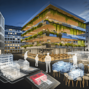 Arquitectos utilizando AutoCAD y BIM para diseñar un edificio eficiente y moderno con Enscape.