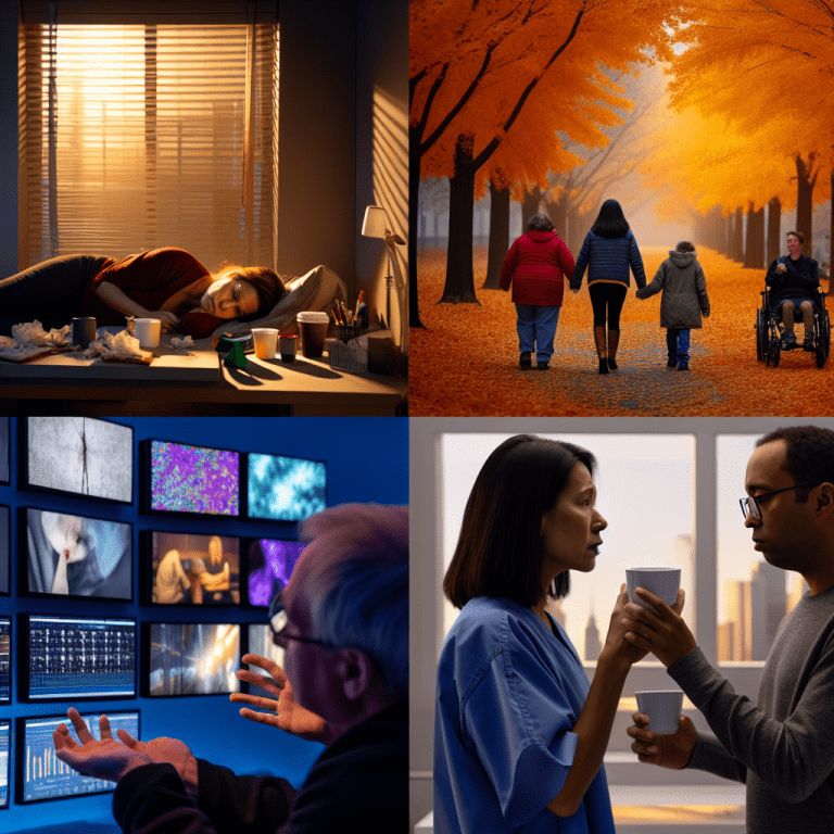 Mujer exhausta en oficina y otras escenas mostrando estrategias para manejar el agotamiento laboral
