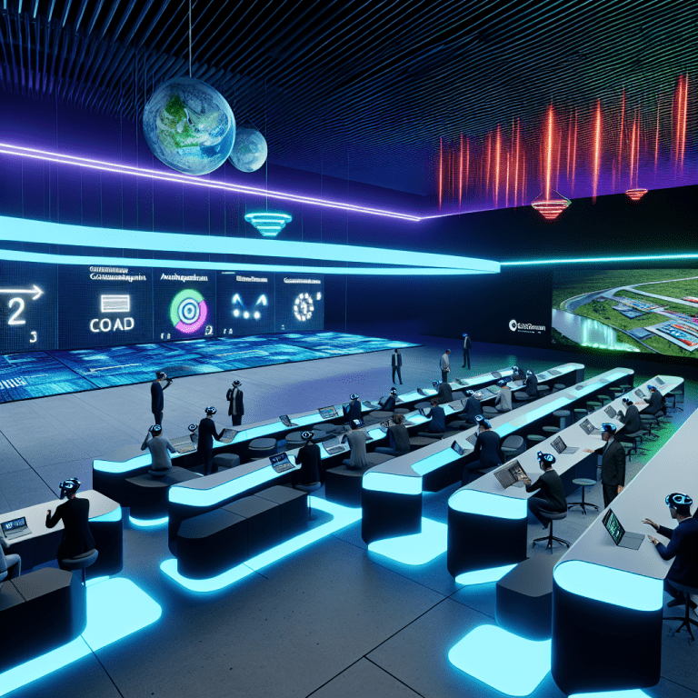 Sala de control futurista mostrando avances tecnológicos en construcción y diseño digital con interfaces de usuario avanzadas