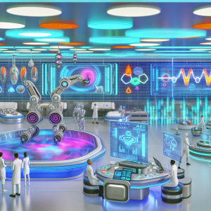 Laboratorio futurista con robots y científicos integrando ensayos clínicos con tecnología innovadora