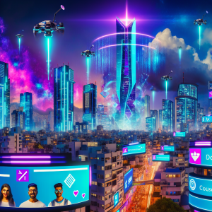 Ciudad futurista con drones y pantallas digitales destacando contenido impulsado por plataformas digitales