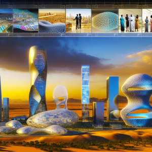 Edificios futuristas reflejando innovación tecnológica en diseño arquitectónico sobre un paisaje desértico