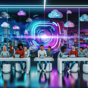 Grupo diverso en agencia digital usando DeepSeek Video frente a interfaz futurista