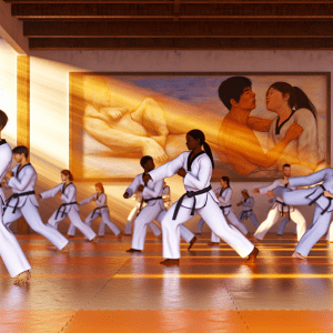Personas practicando taekwondo en un gimnasio, combate la depresión y mejora la salud mental.