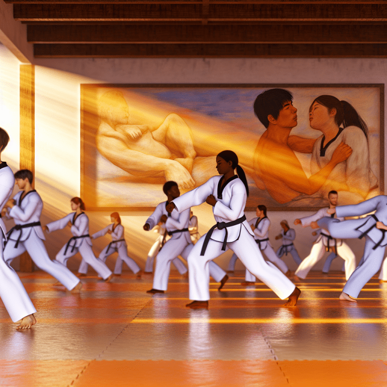 Personas practicando taekwondo en un gimnasio, combate la depresión y mejora la salud mental.