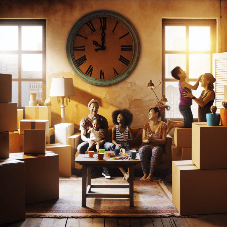 Familia multicultural disfrutando un descanso en su nuevo hogar rodeada de cajas para manejar el estrés de la mudanza