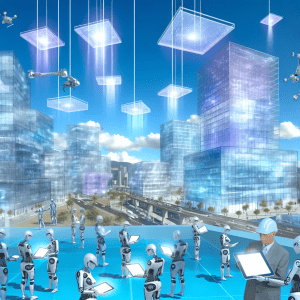 Futurista ciudad digital con robots y hologramas demostrando digitalización de procesos con Bluebeam Revu