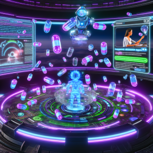 Estrategias efectivas para Amazon y Google en entorno futurista digital con hologramas y robots.