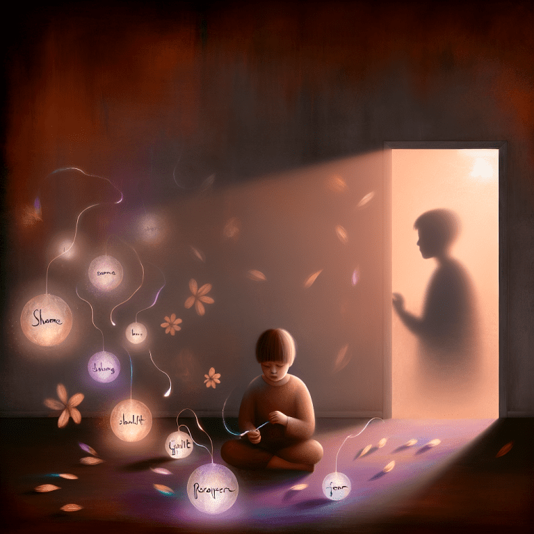 Niño pequeño sentado en suelo con burbujas de emociones, trauma infantil afecta autoestima