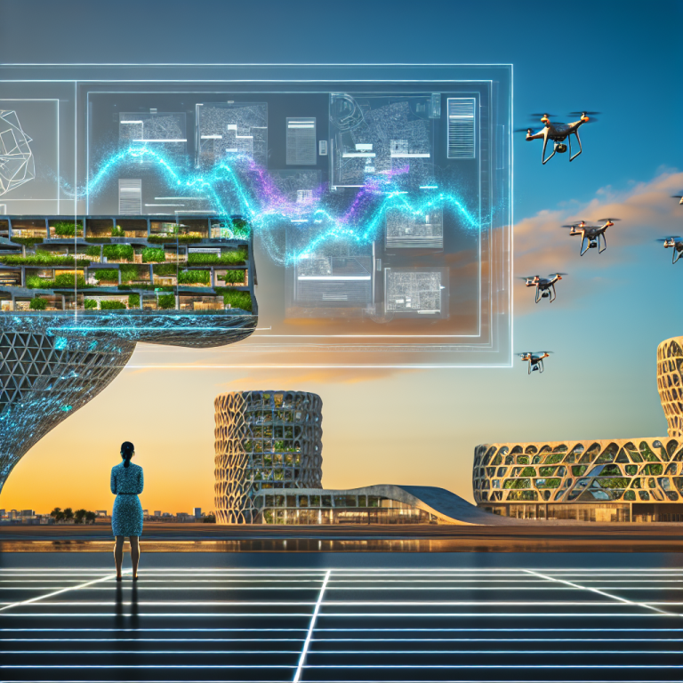 Mujer observa futurísticas estructuras digitales, innovación en arquitectura digital