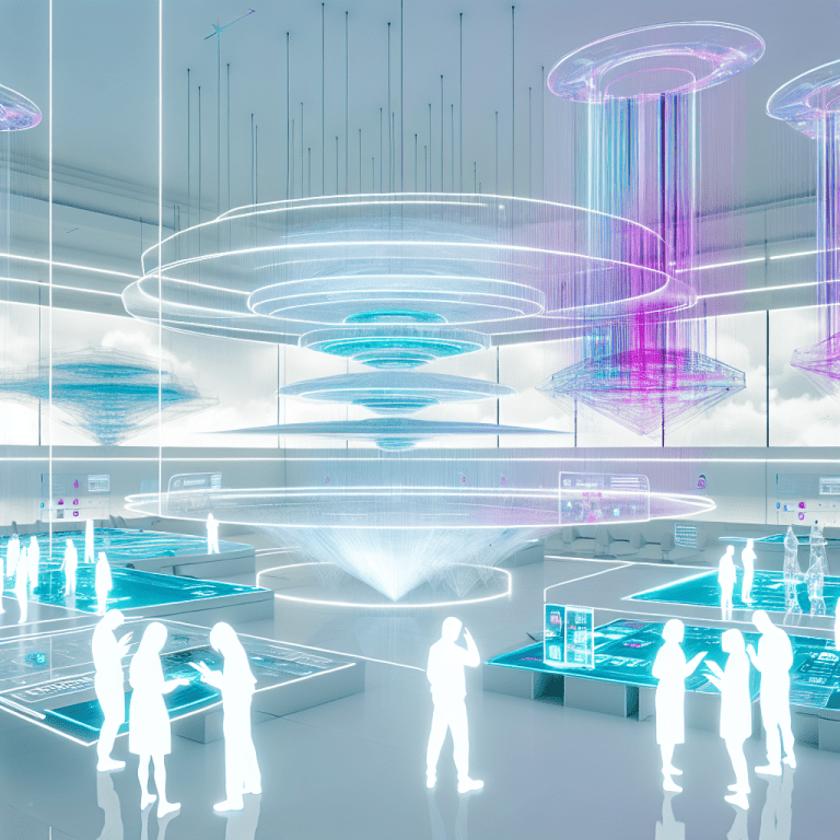 Innovaciones digitales en un entorno arquitectónico moderno con figuras humanas y estructuras iluminadas