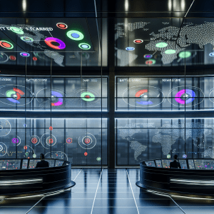 Sala de control moderna mostrando inteligencia competitiva en tiempo real con mapas y datos globales