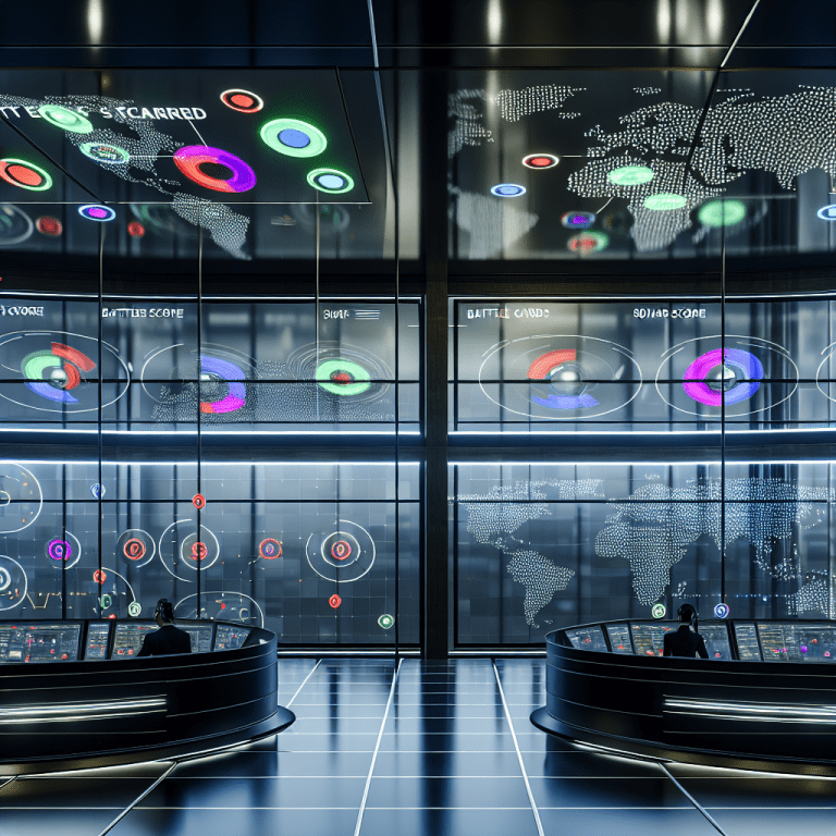 Sala de control moderna mostrando inteligencia competitiva en tiempo real con mapas y datos globales