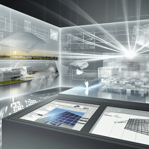 Vista avanzada de Skema AI optimizando proceso arquitectónico digital con hologramas y planos