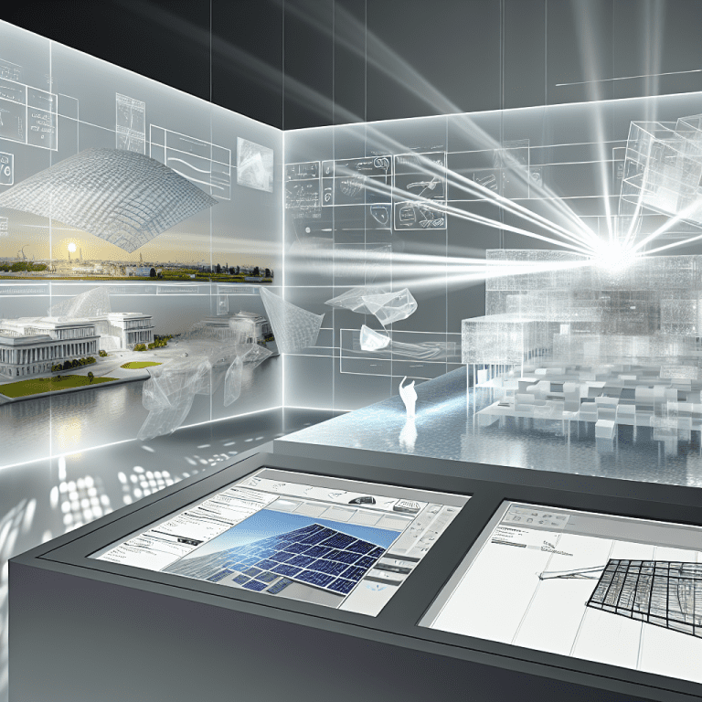 Vista avanzada de Skema AI optimizando proceso arquitectónico digital con hologramas y planos