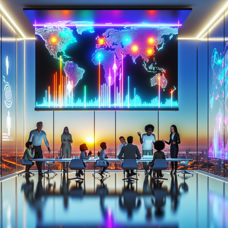 Grupo diverso discutiendo factores que afectan el bienestar humano en sala con mapa mundial digital