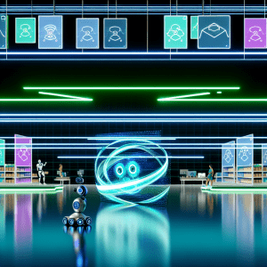 Marketing IA optimiza campañas en espacio digital futurista con hologramas y tecnología avanzada