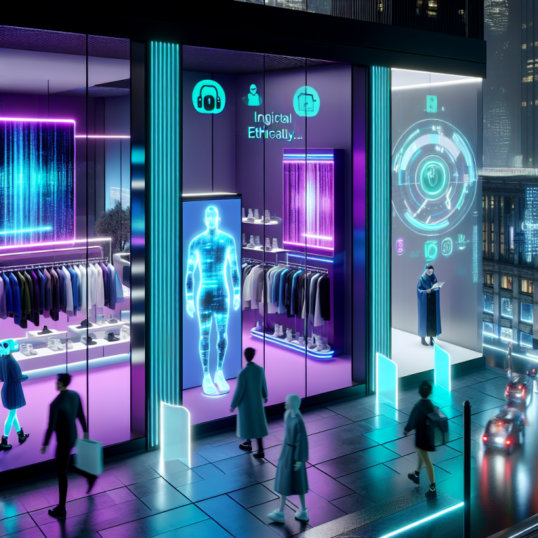 Vitrina futurista en un comercio omnicanal impulsado por GrowthLoop y gobernanza ética