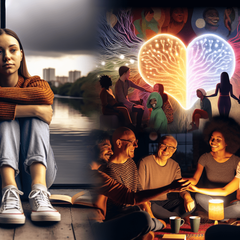 Mujer joven reflexionando sobre el apoyo emocional para superar el aislamiento social, con grupos felices en fondo