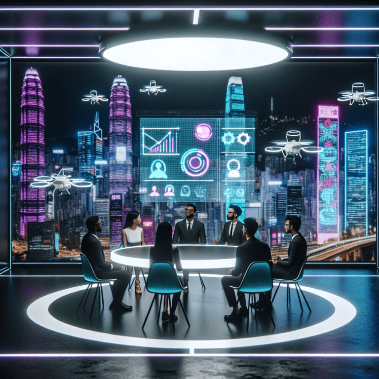 Reunión de consultoría de Geniushub para PYMEs en futurista oficina con vistas de Hong Kong