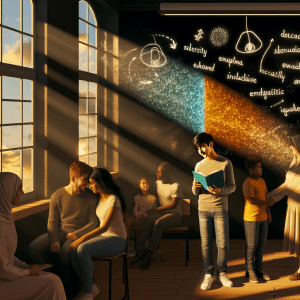 Grupo diverso de personas unidas por la inclusión social en un salón iluminado