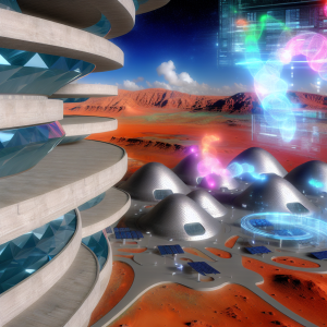 Ejemplo futurista de arquitectura paramétrica en paisaje marciano con domos y estructuras en espiral.